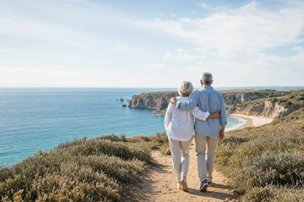 Retired couple walking arm in arm along a coastal clifftop path